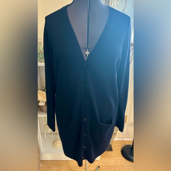 Iris Von Arnim Navy Cashmere Cardigan Duster Sz L Quiet Luxury Old Money Quality - Picture 2 of 16